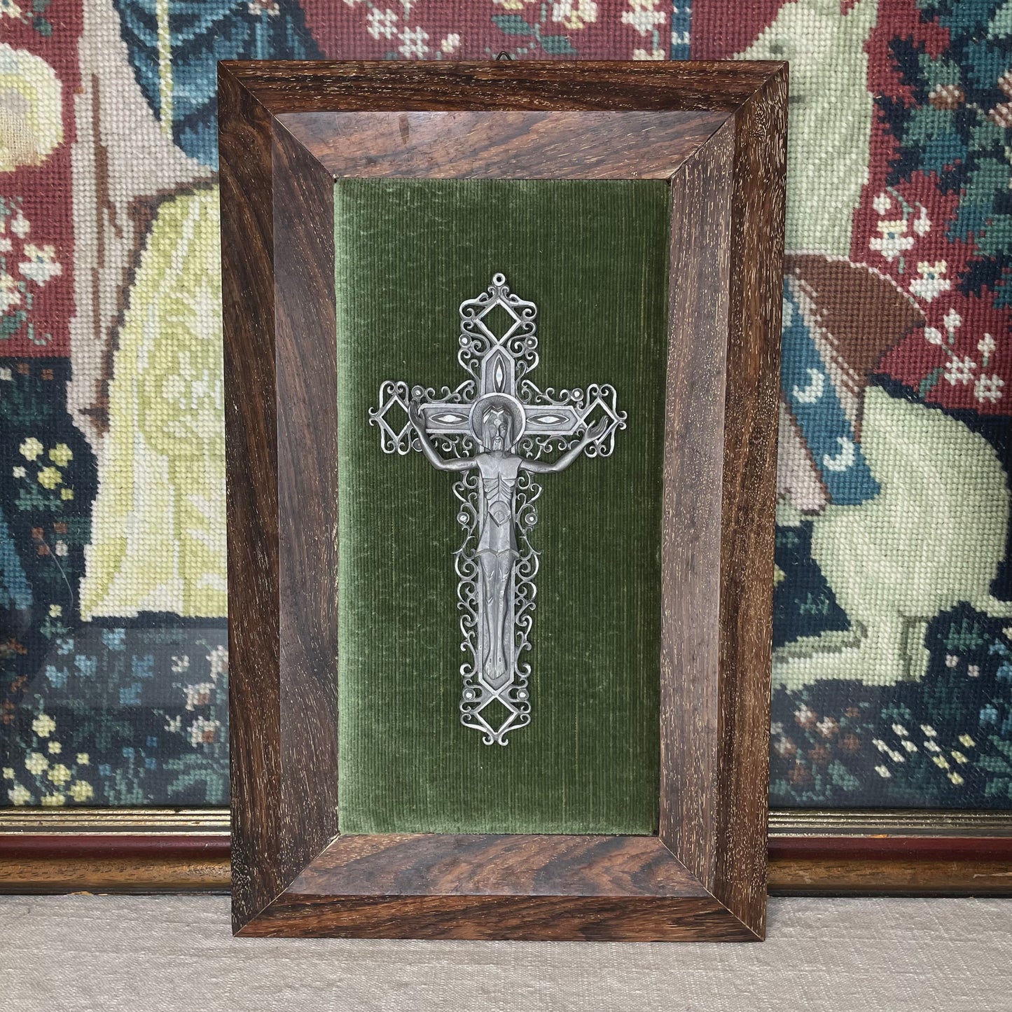 Antique Framed Crucifix Green Velvet