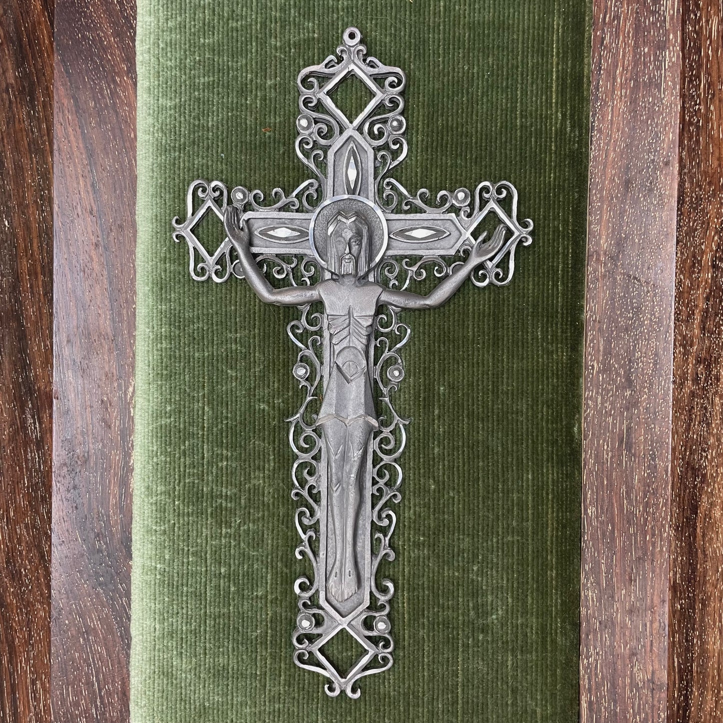 Antique Framed Crucifix Green Velvet