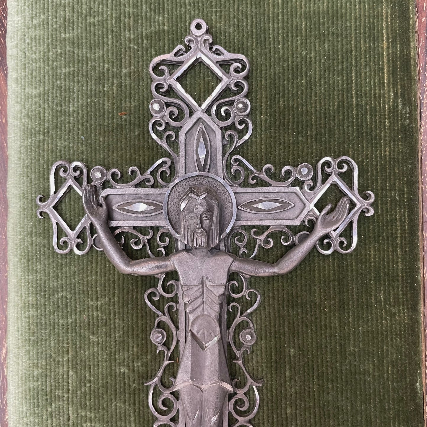 Antique Framed Crucifix Green Velvet