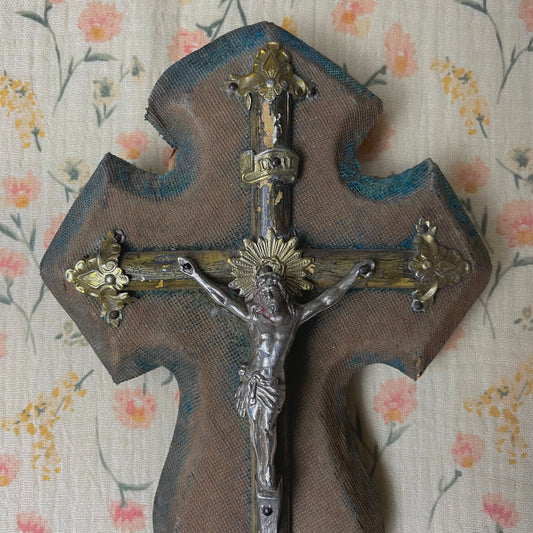 Antique Holy Water Font Crucifix Blue