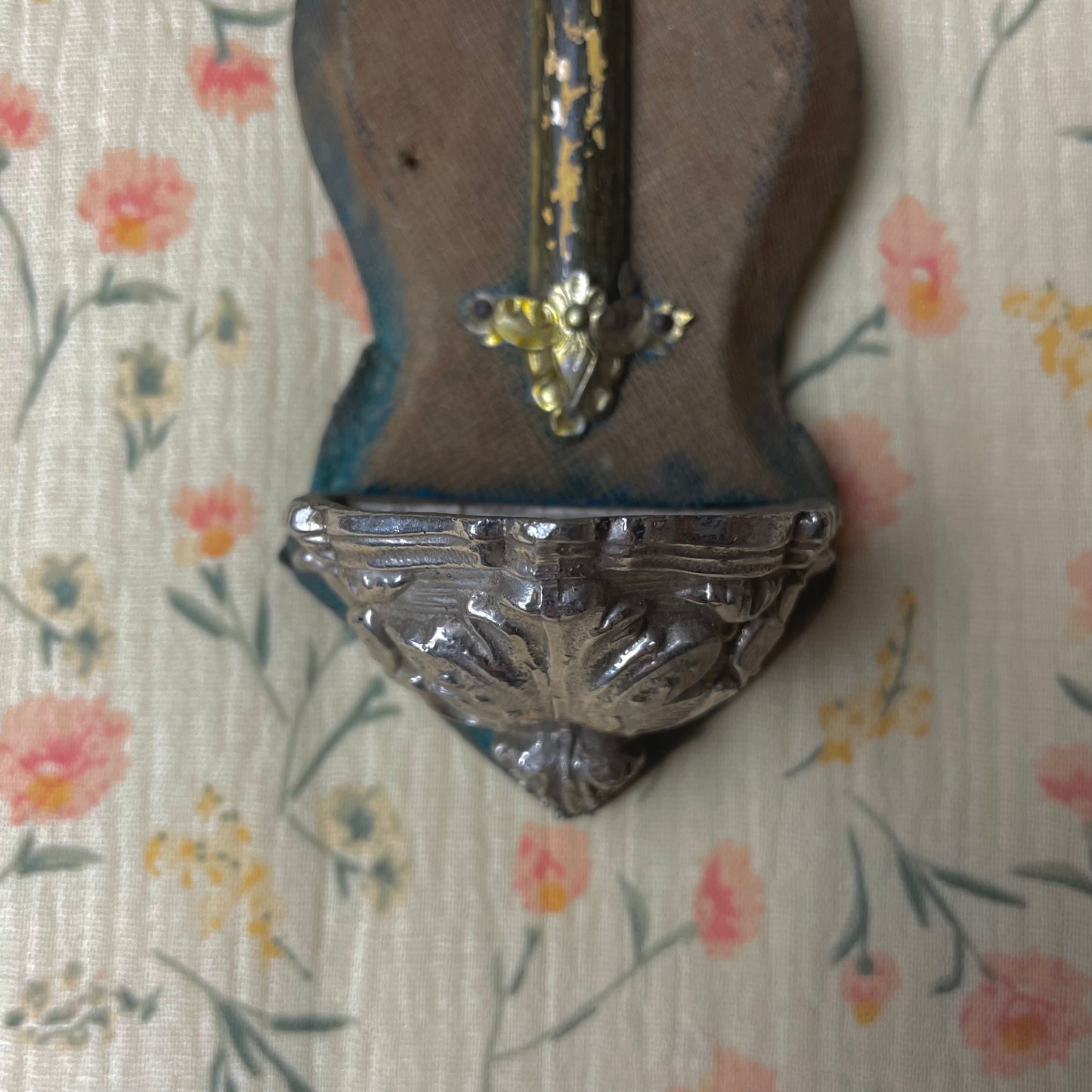 Antique Holy Water Font Crucifix Blue