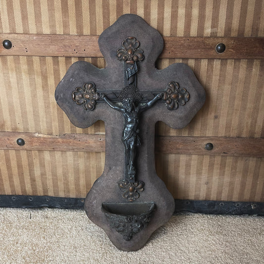Antique Holy Water Font Crucifix Green