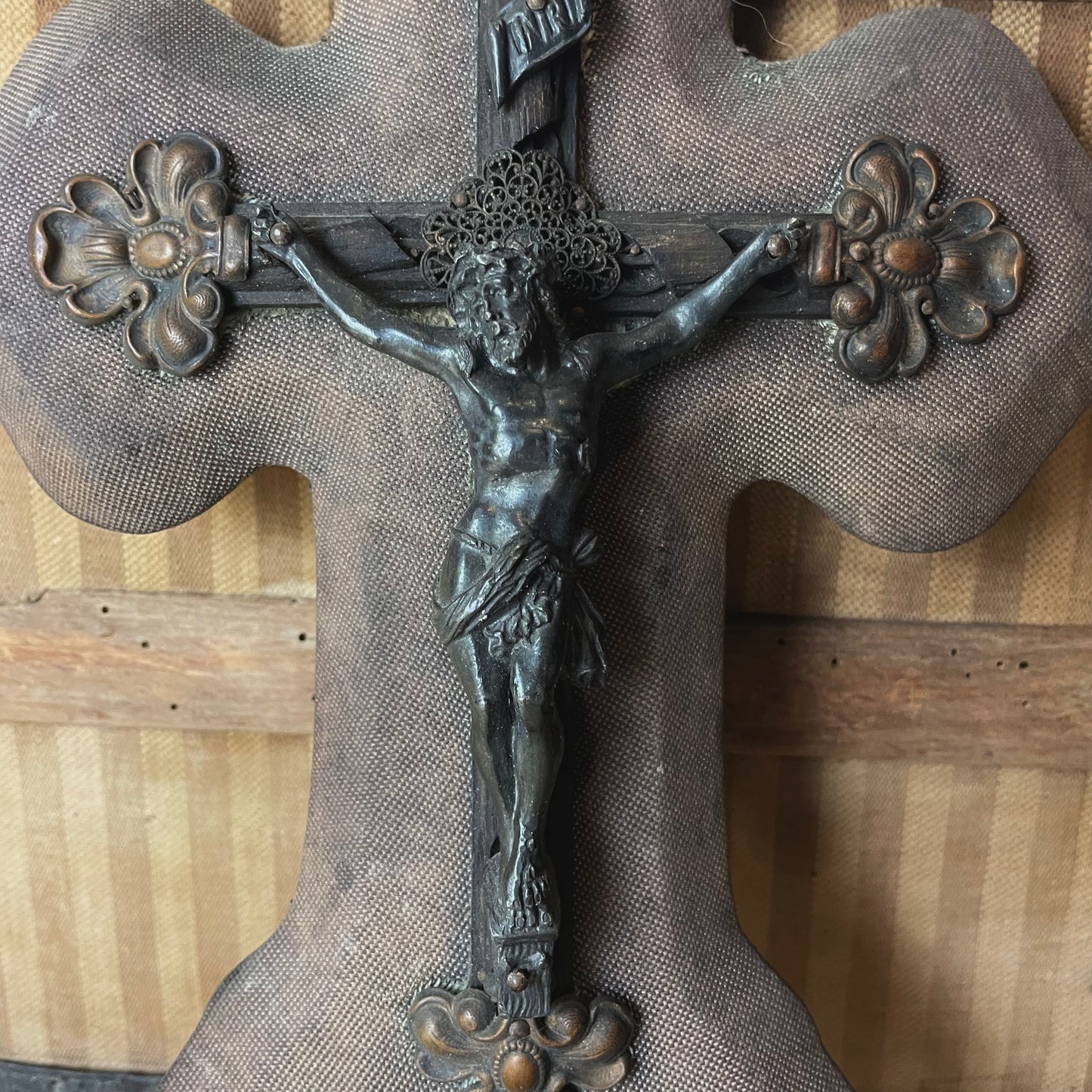 Antique Holy Water Font Crucifix Green