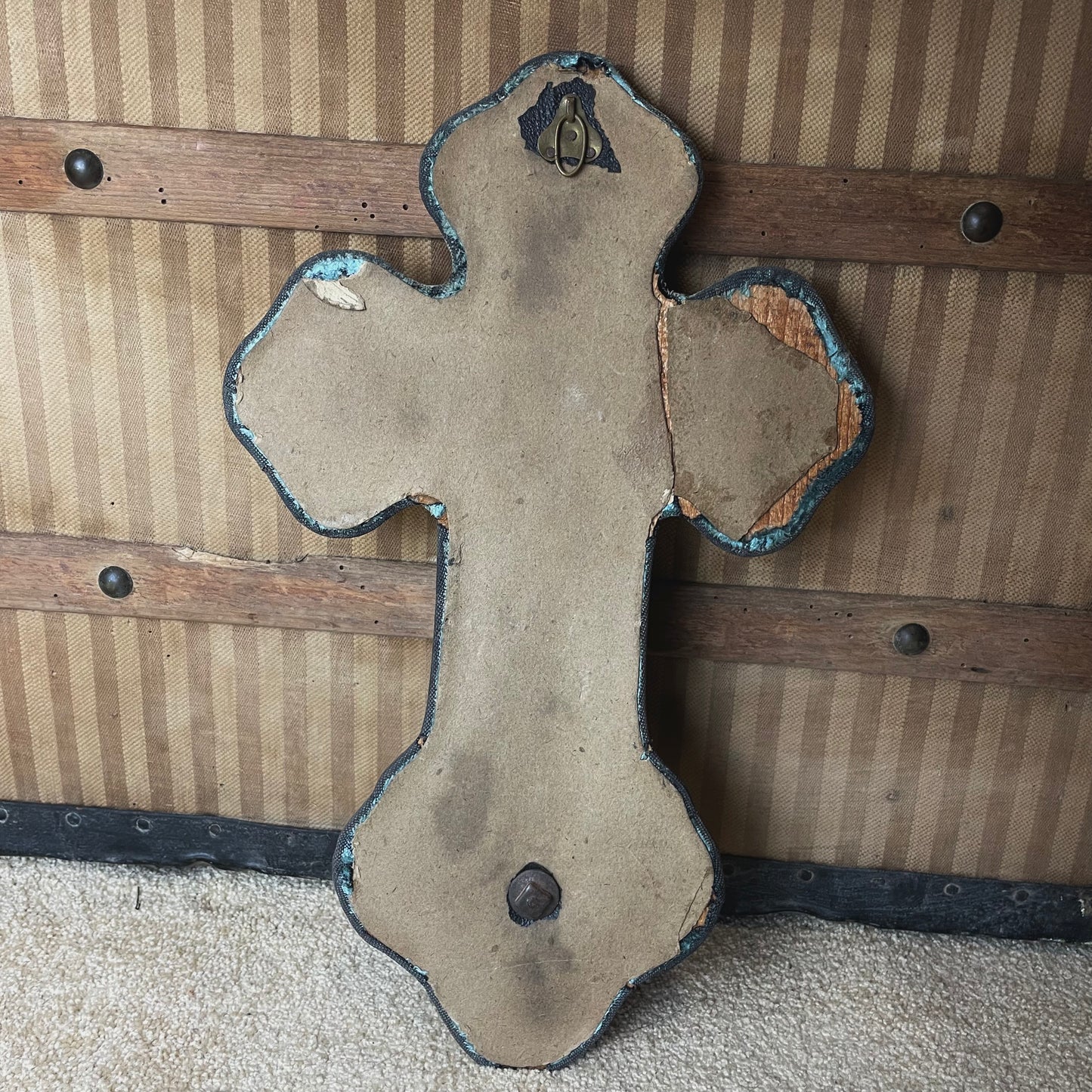 Antique Holy Water Font Crucifix Green