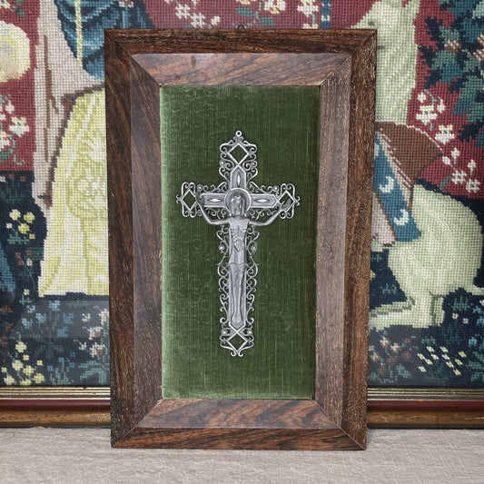 Antique Framed Crucifix Green Velvet