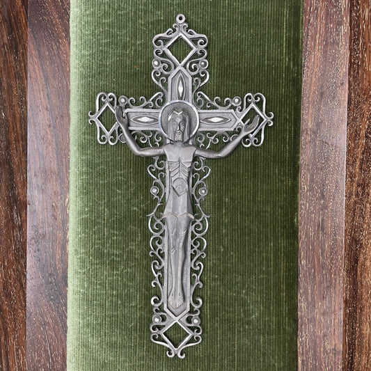 Antique Framed Crucifix Green Velvet