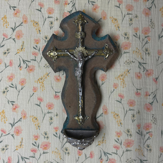 Antique Holy Water Font Crucifix Blue
