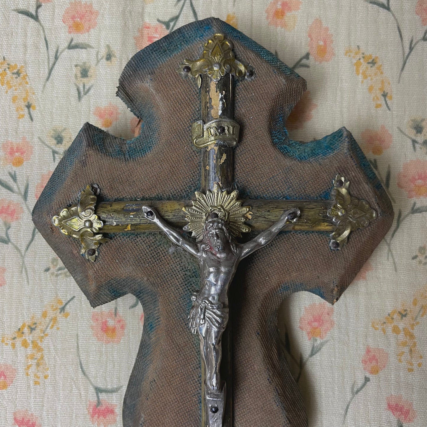 Antique Holy Water Font Crucifix Blue