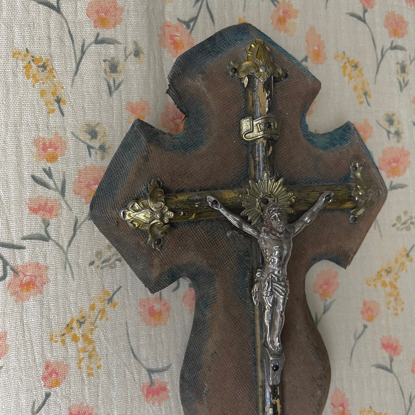 Antique Holy Water Font Crucifix Blue