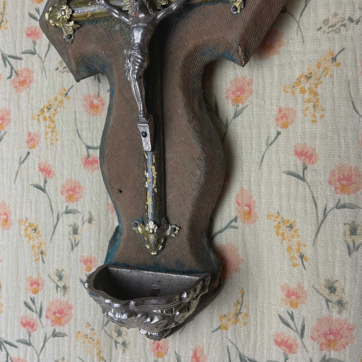 Antique Holy Water Font Crucifix Blue