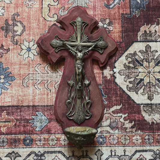 Antique Holy Water Font Crucfix Red