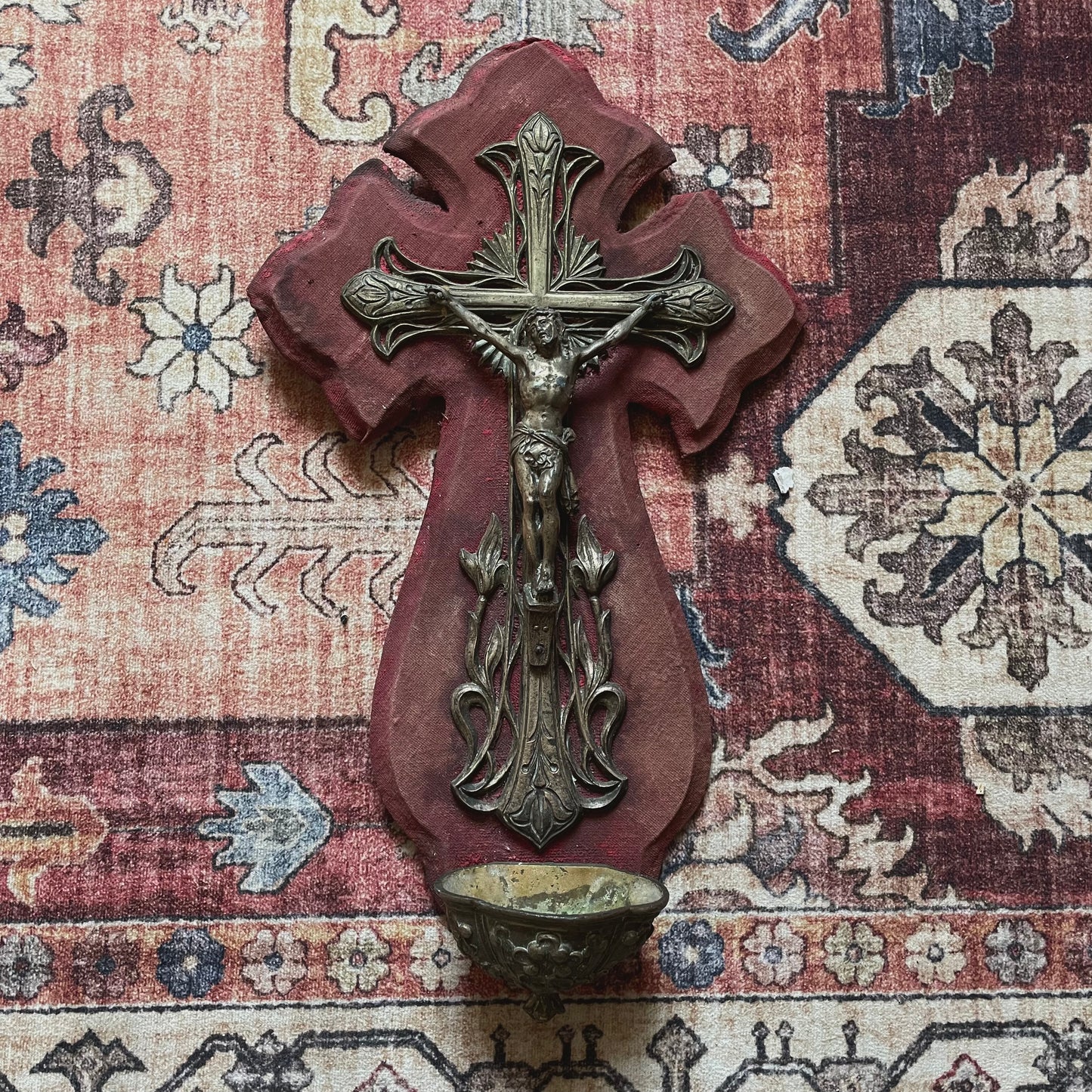 Antique Holy Water Font Crucfix Red