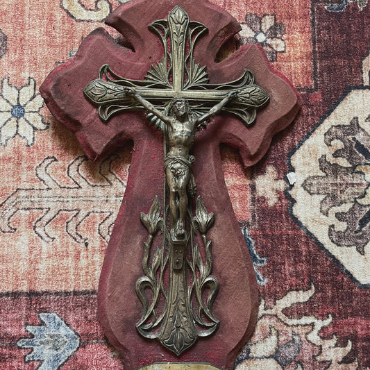 Antique Holy Water Font Crucfix Red