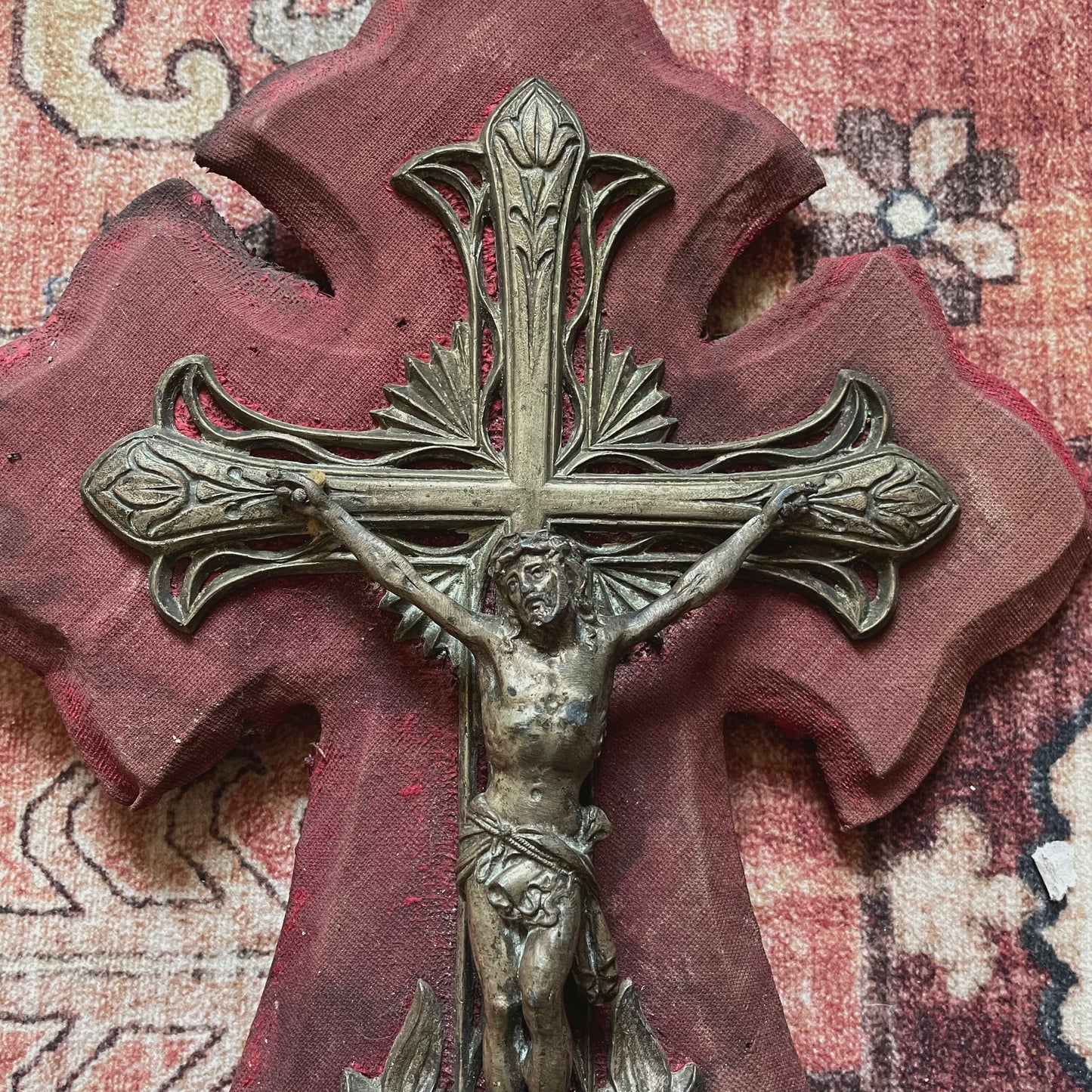 Antique Holy Water Font Crucfix Red