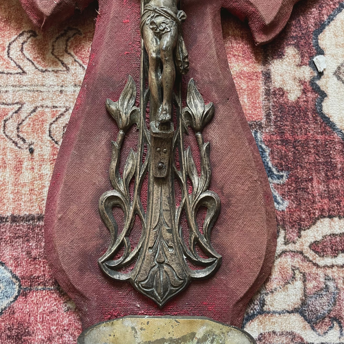 Antique Holy Water Font Crucfix Red