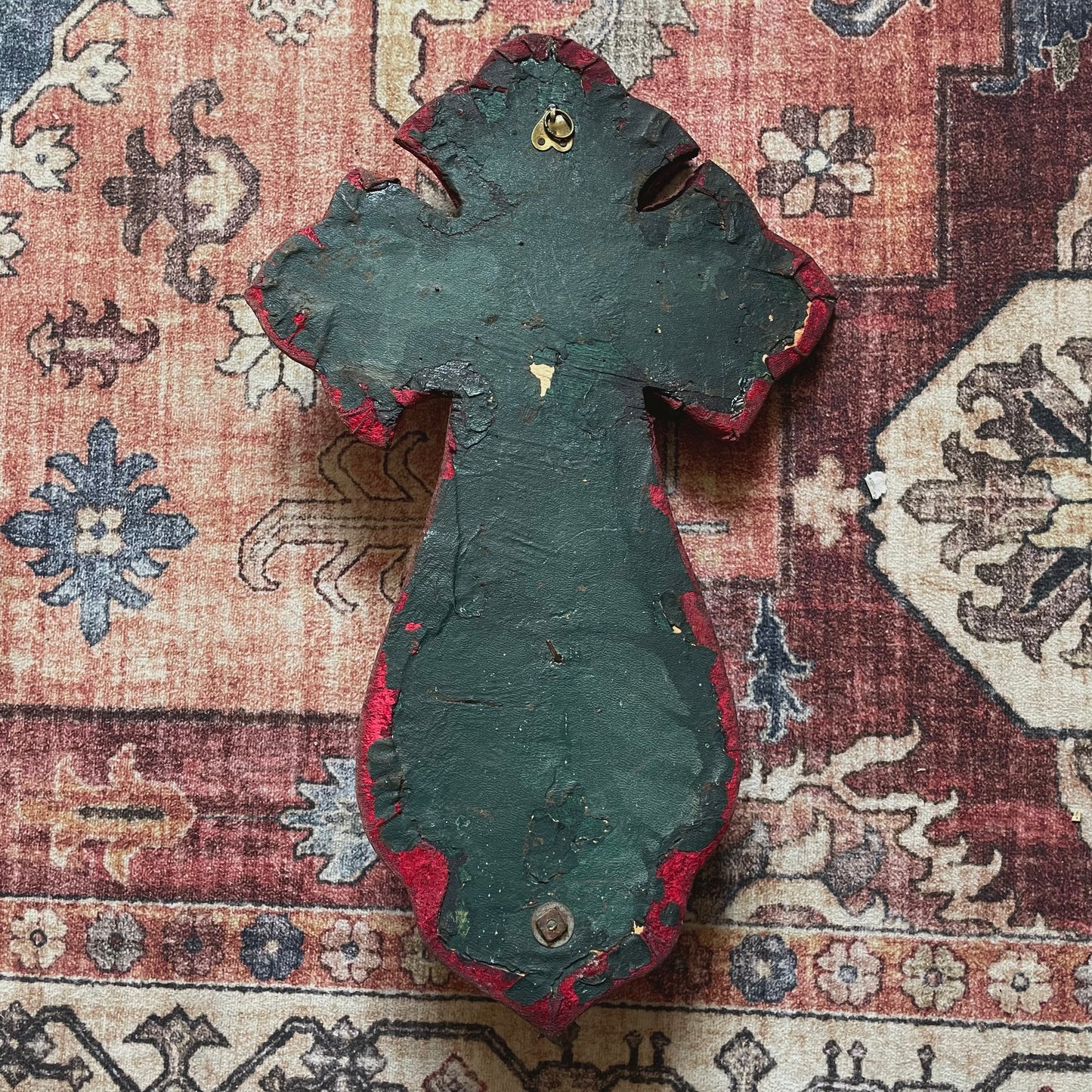 Antique Holy Water Font Crucfix Red