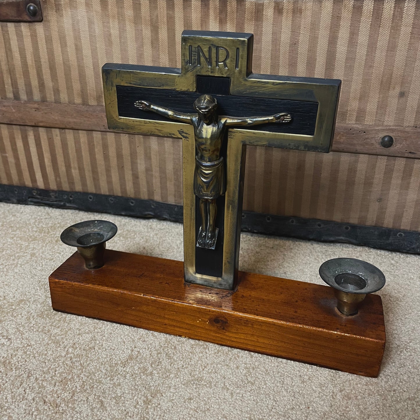 Vintage Steel Crucifix with Candle Holders