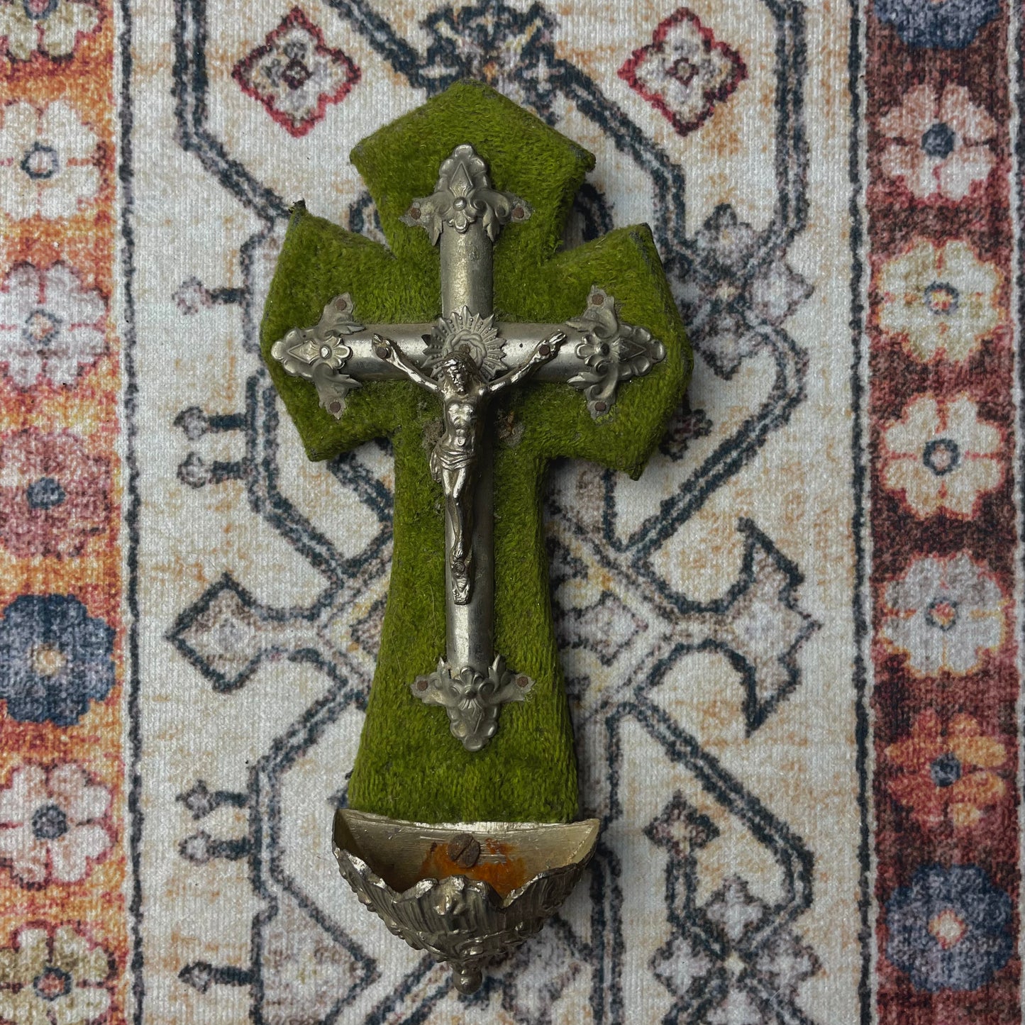 French Antique Holy Water Font Green